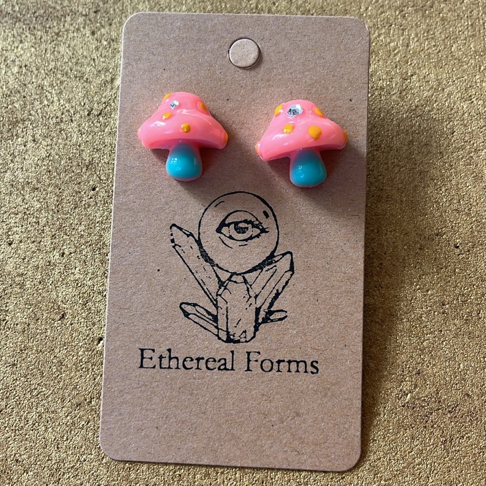 Pink and green mushroom post earrings with rhinestones